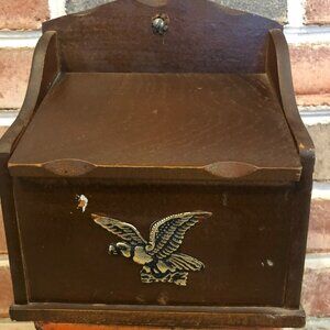 Vtg Wooden Hanging Salt Box Recipe Box Slant Top Eagle Farmhouse